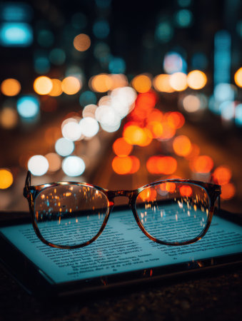 Glasses sit on a tablet showing an e-book while colorful city lights create a dynamic backdrop at night, enhancing the tech reading experience.の素材