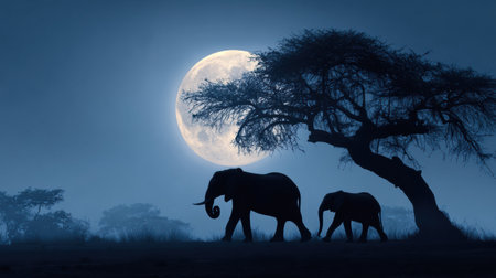 Elephants stroll beneath a brilliant full moon, surrounded by dark trees, creating a peaceful and poetic nighttime scene.の素材