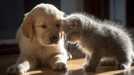 A playful puppy interacts softly with a curious kitten, both bathed in warm morning sunlight, showcasing a sweet connection.の素材