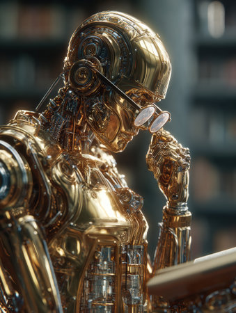 A robot librarian with golden features adjusts its glasses while focused on reading a hologram in a cozy library.の素材