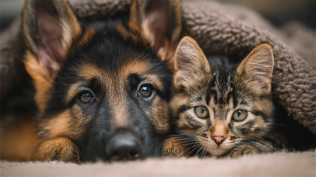 Two adorable pets, a puppy and a kitten, snuggle closely together, looking directly at the camera with curious expressions.の素材