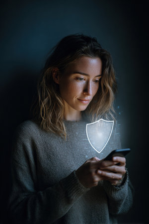In a dark setting, a woman uses her smartphone, with a holographic shield symbolizing privacy protection appearing above it.の素材