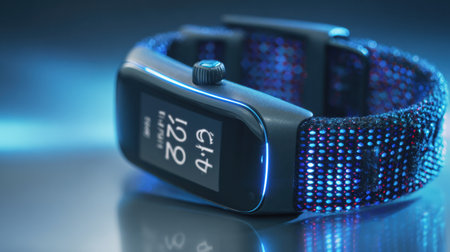 A bright fitness tracker displaying health metrics rests on a sleek surface, showing its advanced technology in an inspiring setting.の素材
