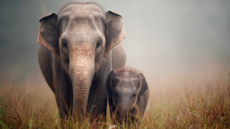Soft morning light highlights a baby elephant standing near its mother, showing their bond and the warmth of protection in nature.の素材