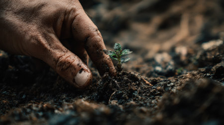 A hand gently touches the soil near a young sprout, highlighting the bond between humans and nature in a peaceful outdoor setting.の素材