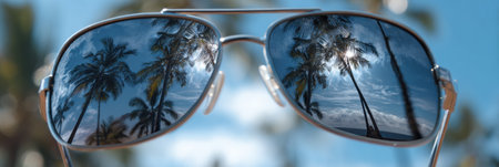 Sunglasses with mirrored lenses capture palm trees and a bright sky, creating a perfect vacation vibe by the beach.の素材
