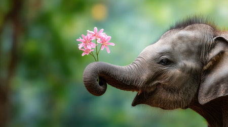 A playful elephant calf stands in a green environment, happily holding a flower with its trunk, embodied innocence and joy.の素材