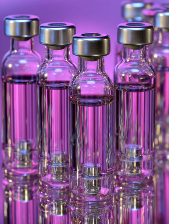 Glass ampoules are neatly aligned, reflecting soft gradient light that creates a sterile and inviting atmosphere in the background.の素材