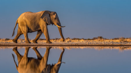An elephant strolls near a watering hole, its reflection visible in the still water. The scene captures a tranquil moment at dusk.の素材