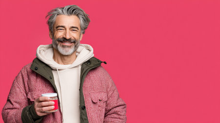 A man with a gray beard and cheerful expression holds a jar of vitamins, promoting health and wellness in a vibrant background.の素材