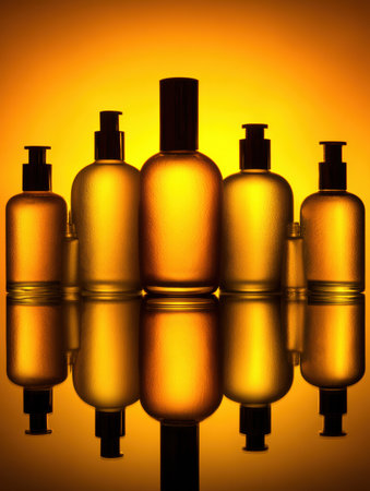 Cosmetic bottles are arranged neatly with a reflective shadow, creating a visually pleasing and stylish source of beauty inspiration.の素材