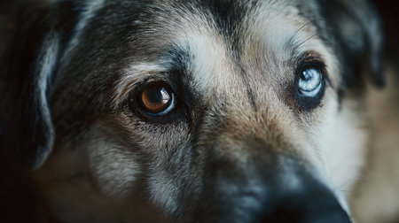 A charming mixed breed rescue dog gazes into the distance, showcasing its soulful eyes and emotional expression in warm, soft light.の素材