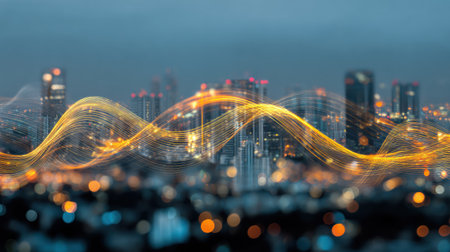 Luminous abstract lines flow through a vibrant city skyline at dusk, capturing the essence of data movement amidst urban lights.の素材