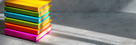A vibrant stack of books with bright colors rests on a smooth surface, illuminated by soft sunlight and cast shadows, creating a calm atmosphere.の素材