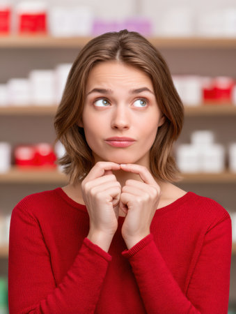 Woman in red sweater is carefully evaluating two skincare products while standing in front of a blurred shelf of cosmetics, considering her choice.の素材