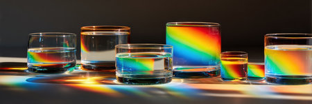 Transparent glasses are arranged to reflect light, creating colorful rainbow patterns on a surface in an artistic scene.の素材
