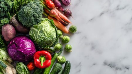 Fresh organic vegetables are artistically arranged by color on a sleek marble surface, showing earthy tones and vibrant textures.の素材