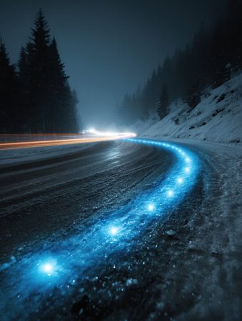 Bright tire tracks illuminate a frozen road at night, showing a safety feature for winter driving conditions in a forested area.の素材