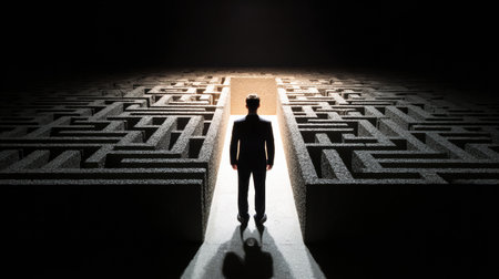 A businessman stands at the entrance of a maze, contemplating the complexities of decisions and problem-solving under dramatic lighting.の素材