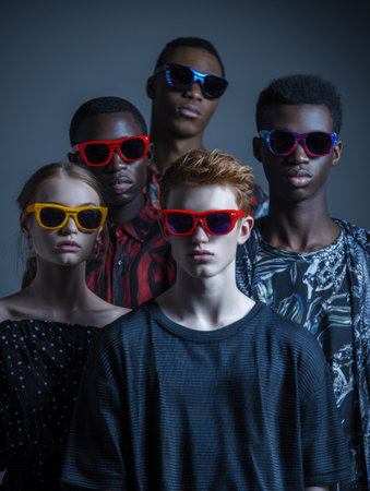 Group of models with different backgrounds wearing colorful sunglasses under bright studio lighting, displaying style and creativity.の素材