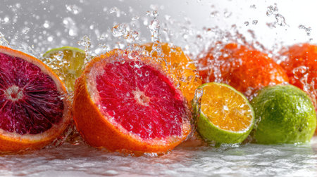 Juicy oranges, limes, and blood oranges are splashed with water, creating a bright and refreshing scene with clean lines.の素材