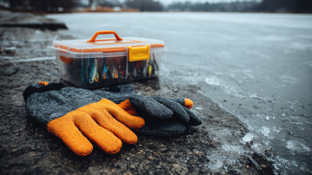 Pair of gloves and a bait box sit on an icy surface, ready for an exciting day of winter fishing in a serene outdoor setting.の素材