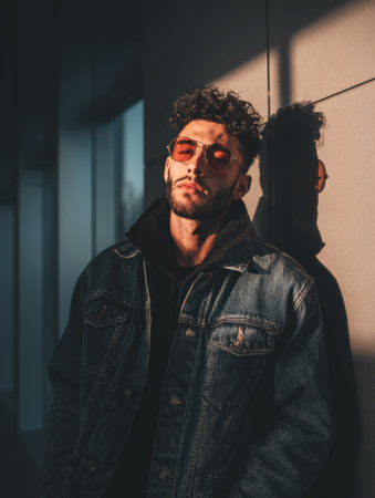 A man stands confidently in modern sunglasses, sunlight casting reflections, highlighting his trendy fashion style against a city backdrop.の素材