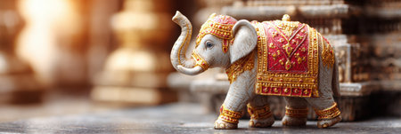 An elephant dressed in traditional gold and red attire is positioned against a beautiful Indian temple background, showing casing cultural heritage.の素材