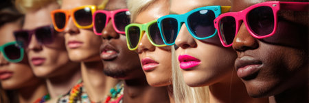 Models of various backgrounds wear colorful glasses under bright studio lights, posing together for a bold fashion display.の素材