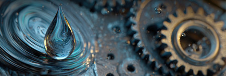 An oil drop morphs into a metallic gear, showing principles of lubrication in machinery and industrial environments.の素材