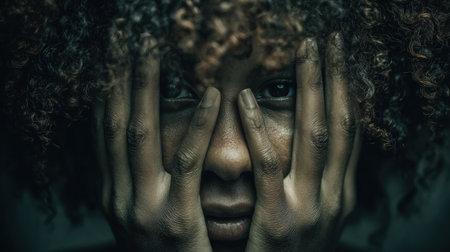 Woman covers her face with her hands, conveying strong feelings of emotional pain and internal conflict in a dark atmosphere.の素材