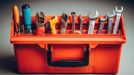 Open toolbox displays a variety of essential tools for repairs and maintenance tasks in a clean, neutral setting.の素材