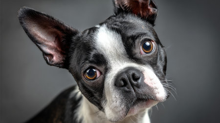 A Boston terrier with bright, playful eyes shows curiosity and joy against a gentle gradient backdrop in an engaging scene.の素材