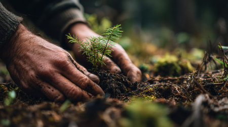 Close-up view of hands carefully placing a sapling into rich soil, highlighting the importance of reforestation and ecological restoration.の素材