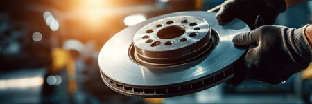 Close-up view of a mechanic inspecting a brake disc, showcasing hands in gloves, with soft lighting in a repair shop environment.の素材