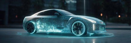 A holographic car model spins above a clear surface, illustrating advanced smart diagnostics in a high-tech environment.の素材