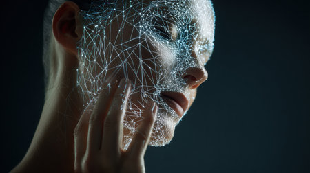 A futuristic beauty scanner analyzes skin tone variations using holographic technology for precise skincare solutions.の素材