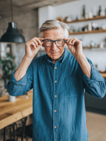 An elderly man calmly adjusts his reading glasses in a spacious home environment, ready for some reading or work.の素材