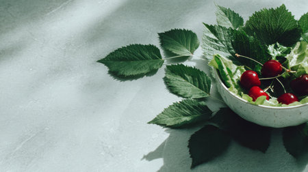 A healthy salad bowl filled with green leaves and ripe cherry tomatoes rests on a light gray surface, surrounded by more green leaves.の素材