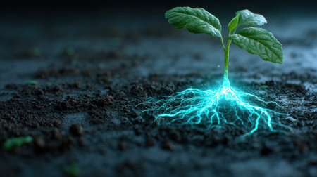 A green sprout emerges from dark soil, featuring bright digital roots that glow, illustrating the blend of nature and technology.の素材