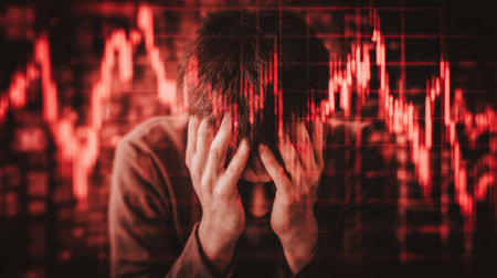 A man appears stressed as he holds his head in anguish while observing a declining stock market graph indicating economic troubles.の素材