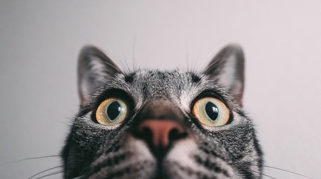 A cat with wide surprised eyes looks directly at the camera, surrounded by a light and simple background, creating an engaging moment.の素材