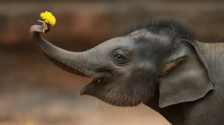A young elephant calf playfully grasps a bright flower with its trunk, embodying a moment of innocent joy in its natural habitat.の素材