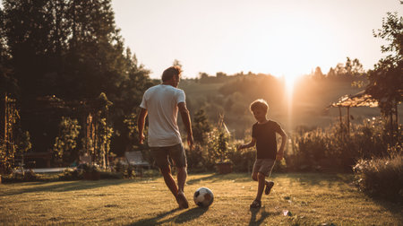 A father and son engage in a playful football match in their backyard illuminated by warm golden hour light, creating a joyful atmosphere.の素材