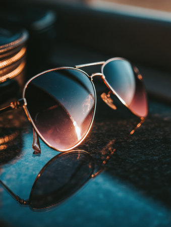 Close-up view of elegant sunglasses on a counter, beautifully reflecting warm light from a nearby mirror in a bright setting.の素材