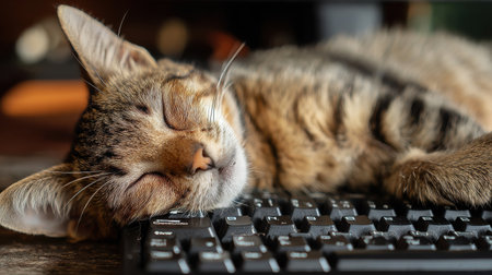A relaxed cat is lying across a keyboard, enjoying the warmth and comfort of its cozy spot during a peaceful afternoon.の素材