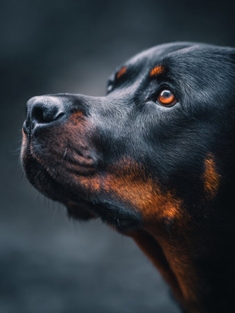 A Rottweilers headshot captures a calm and confident expression with bright eyes, set against a clean, simple background.の素材