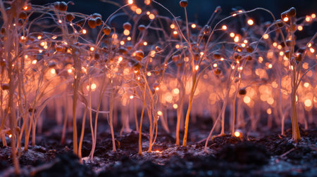 An artistic representation of vibrant plant roots illuminated underground highlights the hidden connections within natures foundation.の素材