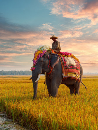 A mahout sits atop a colorful elephant amidst golden rice fields, enjoying a serene journey as the sun sets in the background.の素材
