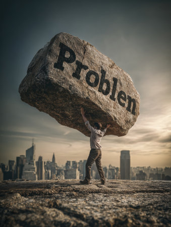 A man is seen lifting a large stone with the word problem on it and throwing it away. This scene represents overcoming obstacles and finding freedom.の素材